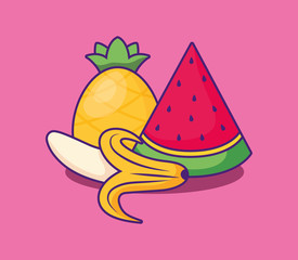 watermelon with banana and pineapple icon over pink background, colorful design. vector illustration