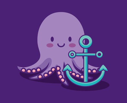 cute octopus and anchor over purple background, colorful design. vector illustration