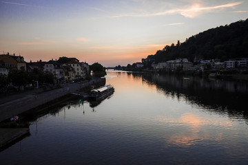 Heidelberg, Germany. The river Neckar, a major right tributary of the Rhine, at sunset