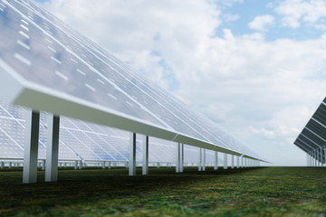Fototapeta premium 3D rendering solar power generation technology. Alternative energy. Solar battery panel modules with blue sky