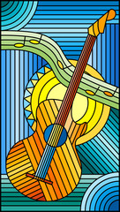 Illustration in stained glass style on the theme of music, abstract guitar and notes on a blue background
