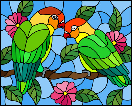 Illustration in stained glass style  with pair of birds parrots lovebirds on branch  tree with pink flowers against the sky