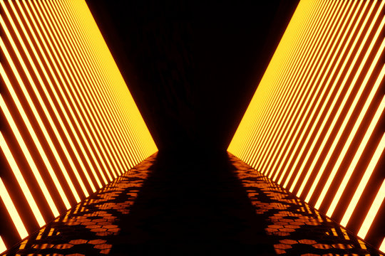3D rendering dark Illuminated corridor of red neon light. Elegant futuristic neon light on wall.