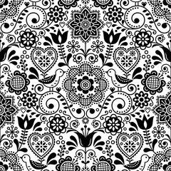 Bezszwowe sztuki ludowej wektor wzór z ptakami i kwiatami, skandynawski czarno-biały powtarzalny kwiatowy wzór - 206313737