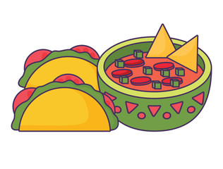 Mexican tacos and sauce bowl over white background, colorful design. vector illustration