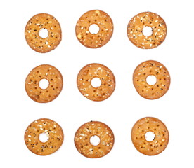 Salty cracker with sesame set, collection isolated on white background, top view