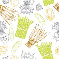 Vector seamless pattern with hand drawn vegetables on a white background.