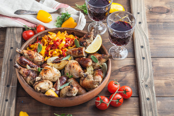 Roasted chicken with sausages and lemon. Tomatoes and wine