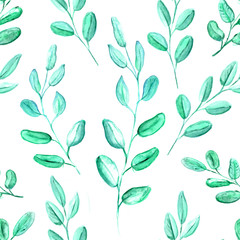 Seamless Realistic Watercolor Greenery Pattern. Hand Drawn Eucalyptus Leaves and Branches Print. Summer, Spring Forest Herbs, Plants Texture. Foliage in Vintage Style. Nature Eco Friendly Concept.