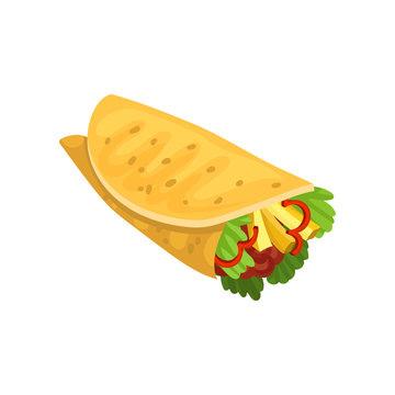 Tasty burrito with fresh vegetables and meat. Traditional Mexican dish. Fast food theme. Flat vector design for cafe or restaurant menu