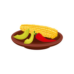 Corn, hot pepper and slices of avocado in brown ceramic plate. Traditional Mexican food. Flat vector element for poster or menu