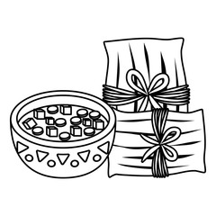 Mexican tamales and sauce bowl over white background, vector illustration