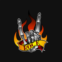 Skeleton hand showing horns gesture, burning flame and ribbon with text Rock . Old-school tattoo design. Vector design for sticker