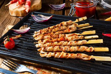 Fresh and crispy rustic pork belly grill sticks