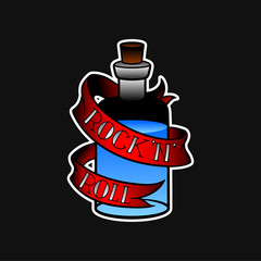 Glass bottle with blue liquid and red ribbon with text Rock n Roll . Old-school tattoo design. Vector for sticker, poster or flyer