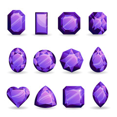 Set of realistic violet gemstones. Tanzanite of different forms isolated on white background.