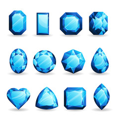 Set of realistic light blue gemstones. Topaz of different forms isolated on white background.