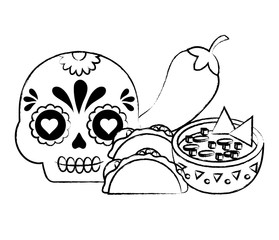 sugar skull with mexican food related icons over white background, vector illustration