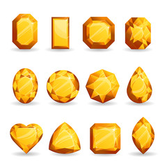 Set of realistic orange gemstones. Citrine stone of different forms isolated on white background.