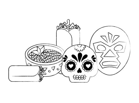 wrestler mask and sugar skull with mexican food over white background, vector illustration