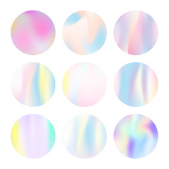 Gradient round set with holographic mesh. Colorful abstract gradient round set backdrops. 90s, 80s retro style. Iridescent graphic template for banner, flyer, cover, mobile interface, web app.