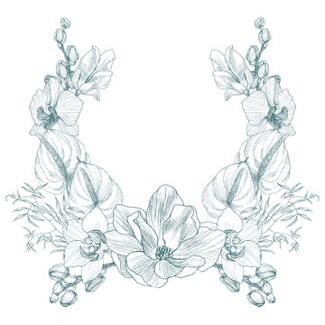 Vintage frame border monogram tropical floral ornament. Engraved retro flower decorative design with magnolia, orchid and anthurium. Beautiful botanical decorative element for wedding invitation, logo