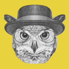 Portrait of Owl with hat,  hand-drawn illustration