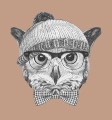 Portrait of Hipster, portrait of Owl with sunglasses, hat and bow tie, hand-drawn illustration