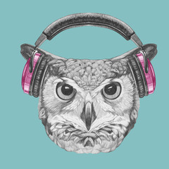 Portrait of Owl with headphones,  hand-drawn illustration