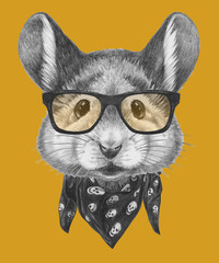 Portrait of Mouse with scarf and glasses, hand-drawn illustration