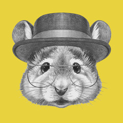 Portrait of Mouse with hat, hand-drawn illustration