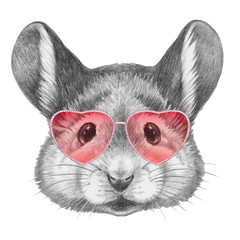 Mouse in Love! Portrait of Mouse with sunglasses, hand-drawn illustration