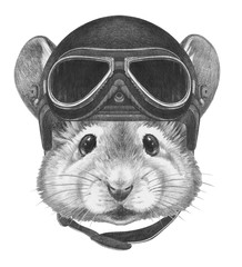 Portrait of  Mouse with helmet,  hand-drawn illustration