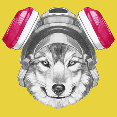 Portrait of Wolf with gas mask,  hand-drawn illustration