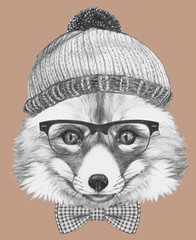 Portrait of Hipster, portrait of Fox
with sunglasses, hat and bow tie, 
hand-drawn illustration