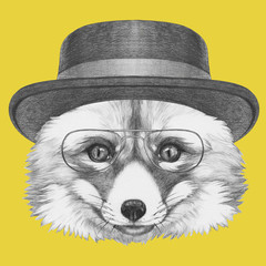 Portrait of Fox with hat,  hand-drawn illustration