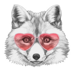 Fox in Love! Portrait of Fox with sunglasses, hand-drawn illustration