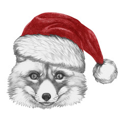 Portrait of Fox with Santa hat,  hand-drawn illustration