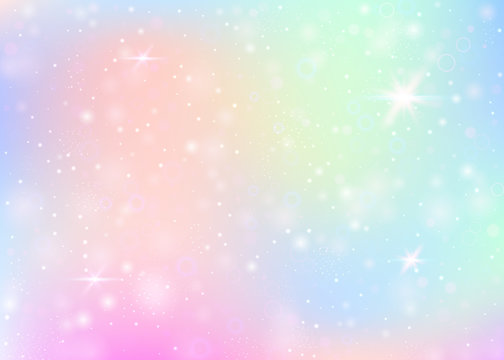Unicorn background with rainbow mesh. Mystical universe banner in princess colors. Fantasy gradient backdrop with hologram. Holographic unicorn background with magic sparkles, stars and blurs.