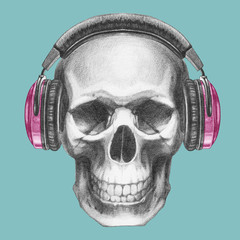 Skull with headphones,  hand-drawn illustration