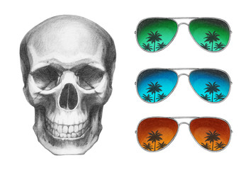 Skull with sunglasses, hand-drawn illustration