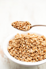 puffed spelt in white bowl on wooden background