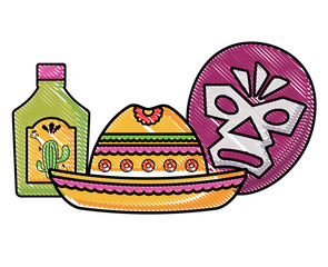 wrestler mask with mexican hat and tequila bottle over white background, colorful design.  vector illustration