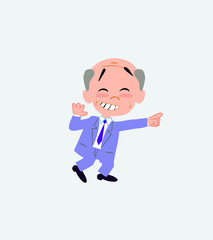 Old businessman pointing to something funny on his left.