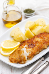 fried fillet of fish with boiled potato on white dish
