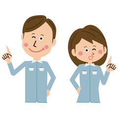 ポップな青い制服の作業員 男女2　指さし