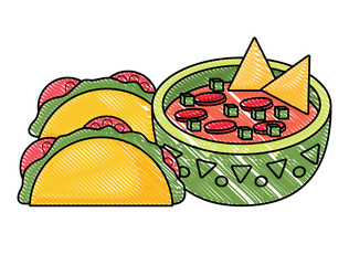 Mexican tacos and sauce bowl over white background, colorful design. vector illustration