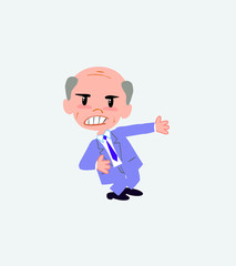 Old businessman shows very angry something to his left.