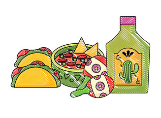 tequila bottle and mexican food over white background, colorful design. vector illustration