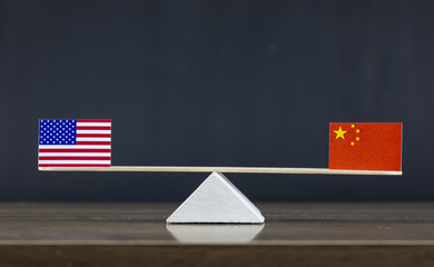 United States of America and China Flag Seesaw or Scale in Balance